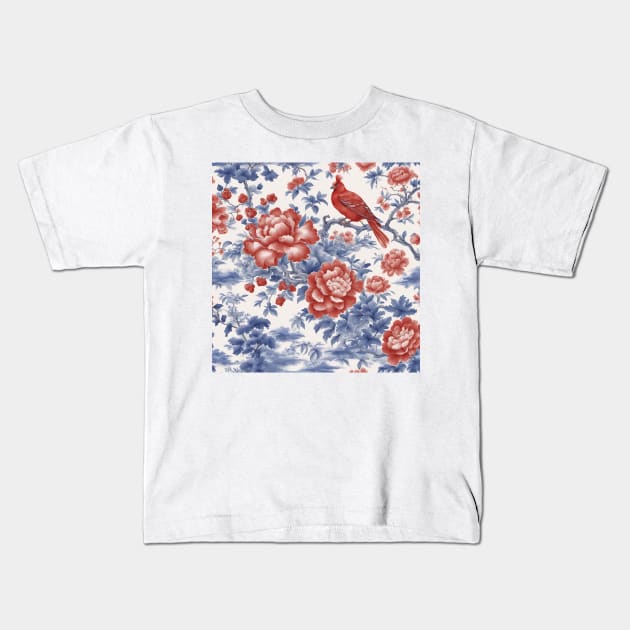 Blue and red chinoiserie toile de jouy Kids T-Shirt by SophieClimaArt